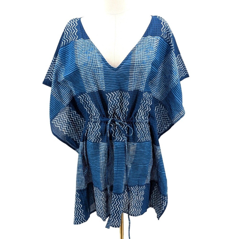 Cotton Kaftan Tunic Blue Block Print Drawstring Boho Beach Cover Up Samson M